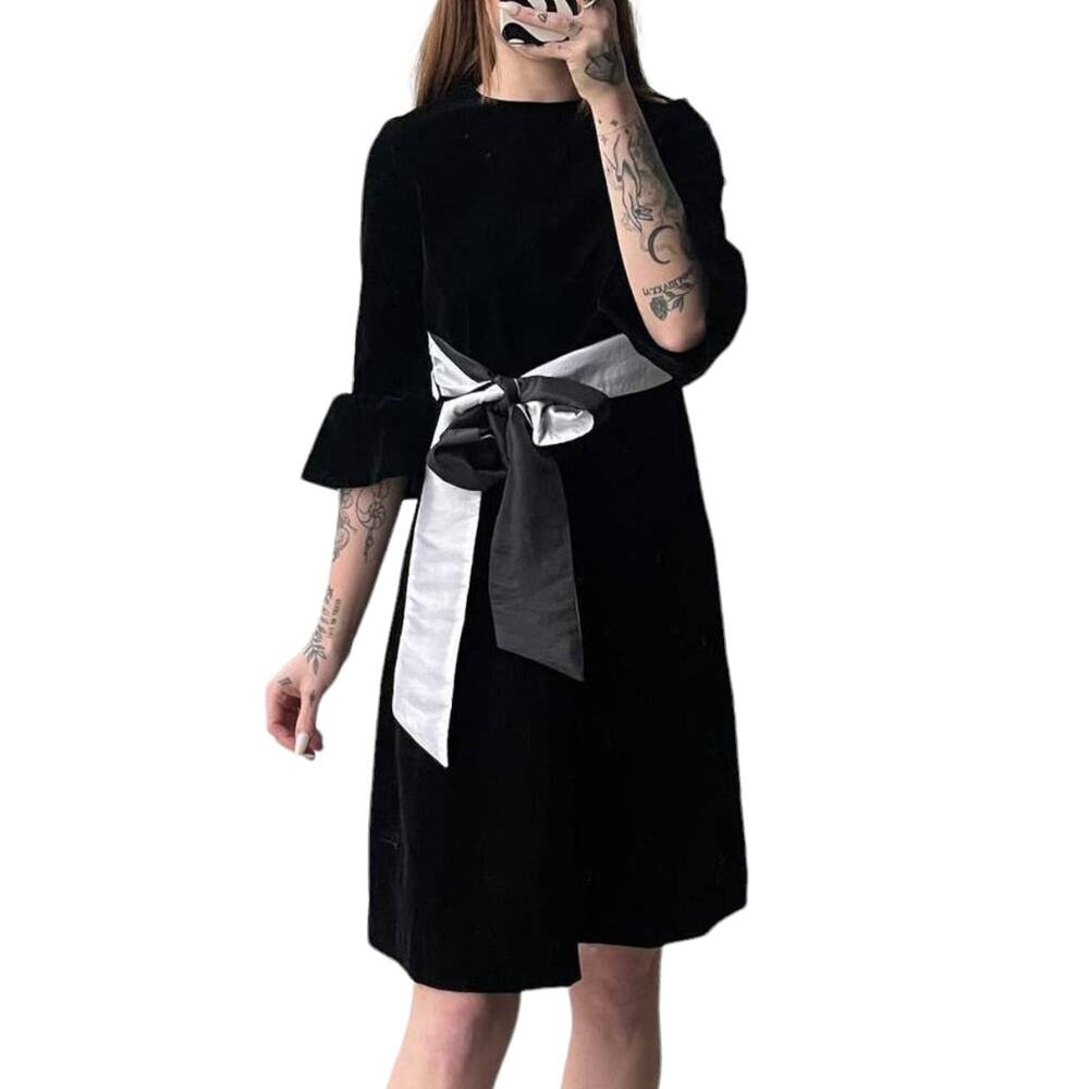 Vintage Black Velvet Bell Sleeve Tie Waist Dress - Size M